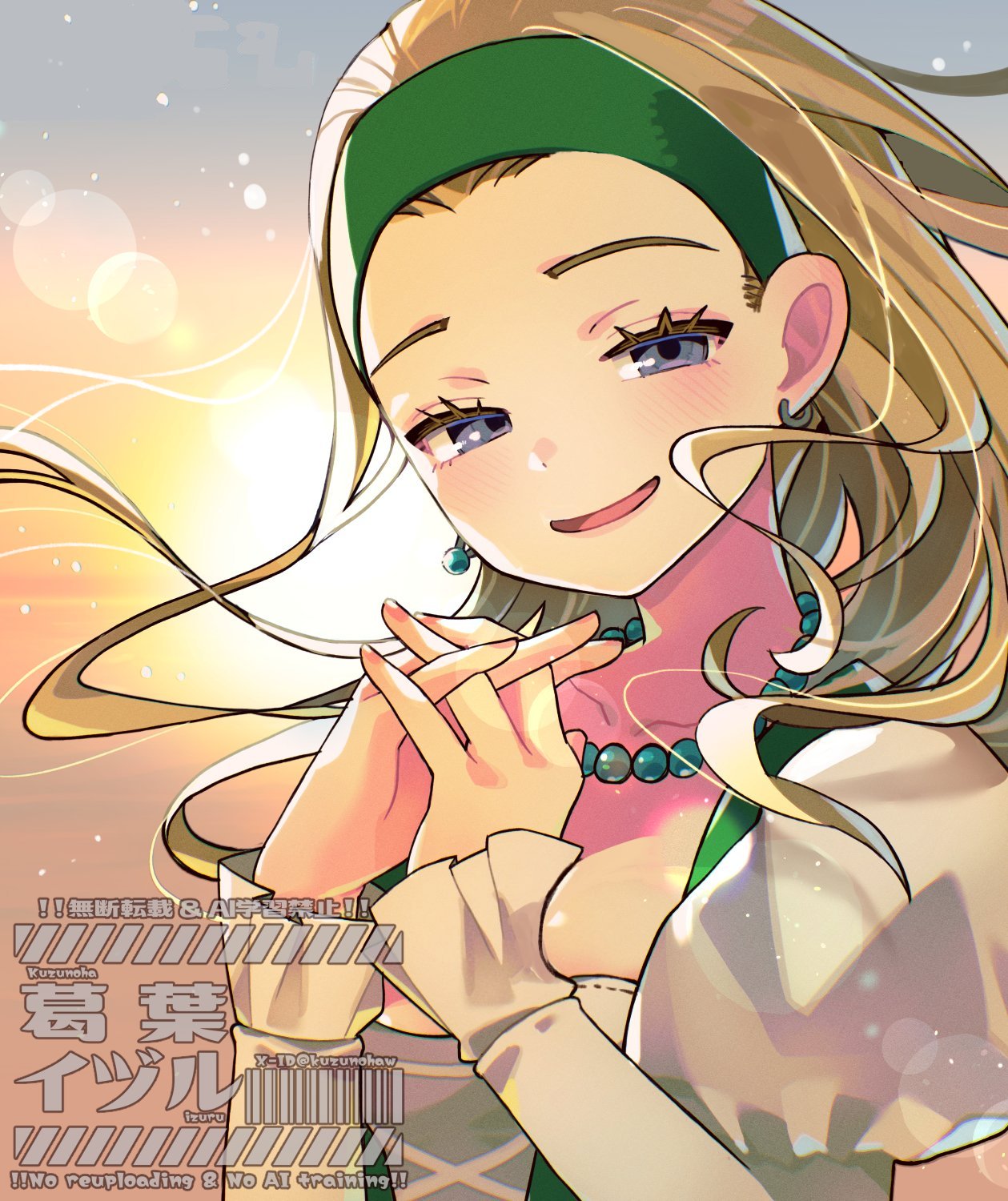 1girl, bead_necklace, beads, blonde_hair, blue_eyes, blue_gemstone, commentary_request, cross-laced_clothes