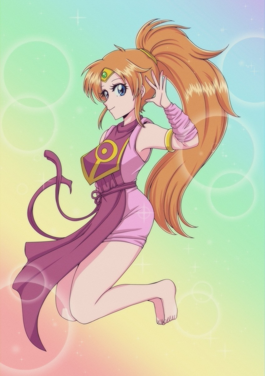 1girl, absurdres, alternate_eye_color, armlet, armpits, barefoot, belt, brown_hair