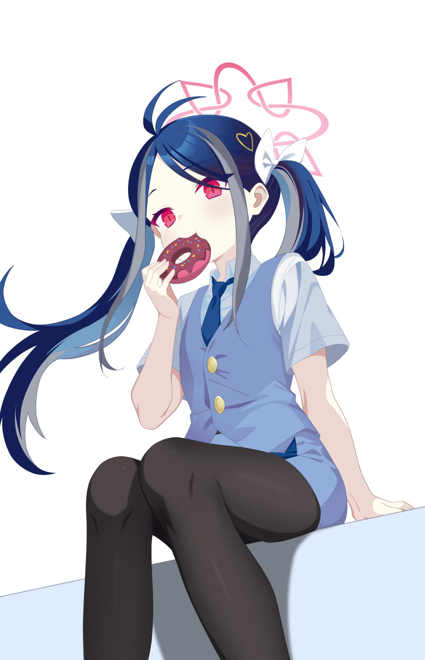 1girl, absurdres, antenna_hair, arm_support, black_pantyhose, blue_archive, blue_hair, blue_necktie