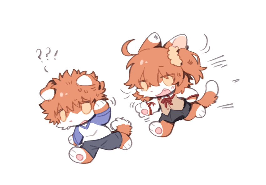 1boy, 1girl, animal_nose, brown_vest, chaldea_security_organization, emiya_shirou, fate/grand_order, fate/stay_night, fate_(series), fujimaru_ritsuka_(female), furry, furry_female, furry_male, hair_ribbon, highres, homurabara_academy_school_uniform, igote, monster_771, orange_eyes, orange_hair, orange_scrunchie, print_ribbon, red_hair, red_ribbon, ribbon, school_uniform, scrunchie, shirt, side_ponytail, snout, t-shirt, vest, white_shirt