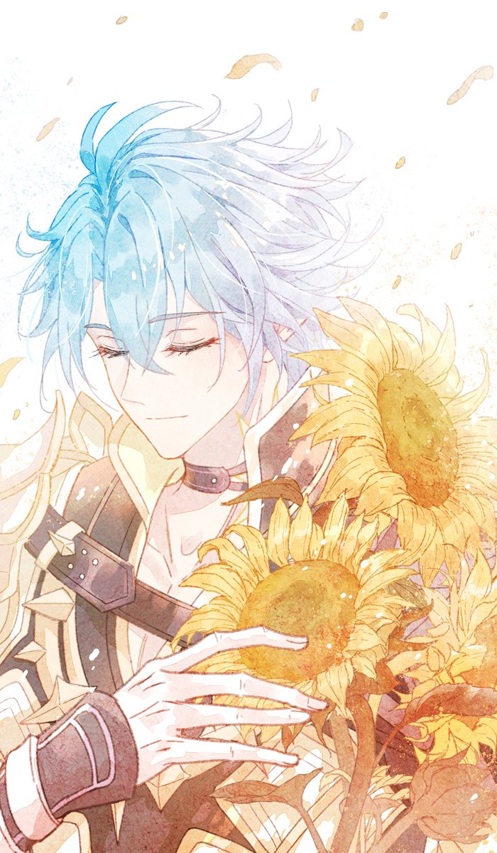 1boy, 7-river, antenna_hair, armor, black_choker, black_shirt, bouquet, chinese_commentary