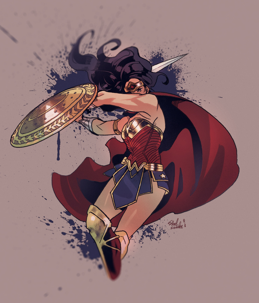 1girl, artist_name, black_hair, blue_skirt, boots, cape, circlet, commentary_request, dc_comics, feet_out_of_frame, highres, holding, holding_shield, holding_sword, holding_weapon, korean_commentary, long_hair, red_cape, shield, skirt, solo, steelscarlet, superhero_costume, sword, weapon, wonder_woman, wonder_woman_(series), wrist_guards