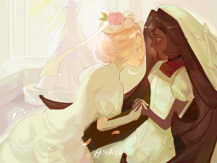 2girls, artist_name, black_choker, black_forest_cookie, bridal_veil, brown_hair, choker, commentary