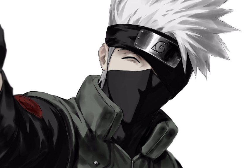 1boy, flak_jacket, forehead_protector, green_jacket, hatake_kakashi, highres, jacket, looking_at_viewer