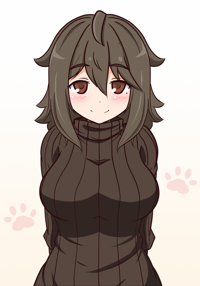 1girl, ahoge, arms_behind_back, blush, breasts, brown_eyes, brown_hair, brown_sweater