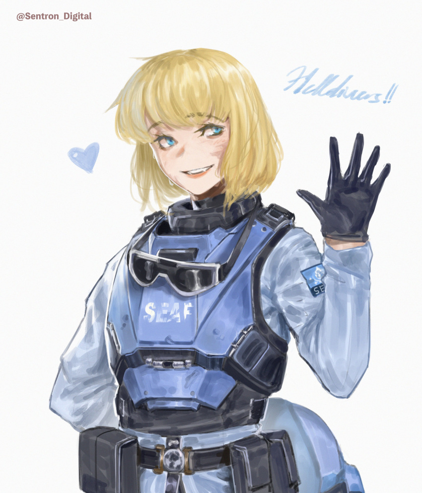 1girl, absurdres, ammunition_belt, ammunition_pouch, artist_name, belt, black_gloves, blonde_hair, blue_eyes, bulletproof_vest, gloves, goggles, goggles_around_neck, helldivers_(series), helmet, highres, looking_to_the_side, military_uniform, pouch, seaf_soldier_(helldivers), sentron, short_hair, simple_background, smile, solo, sweat, waving, white_background