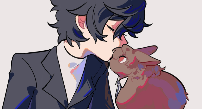 1boy, akechi_gorou, amamiya_ren, animal, animalization, black_hair, black_jacket, closed_eyes