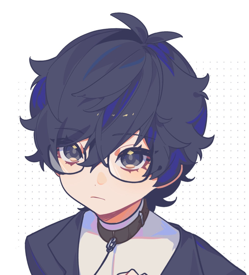 1boy, amamiya_ren, belt_collar, black-framed_eyewear, black_collar, black_hair, black_jacket, chibi