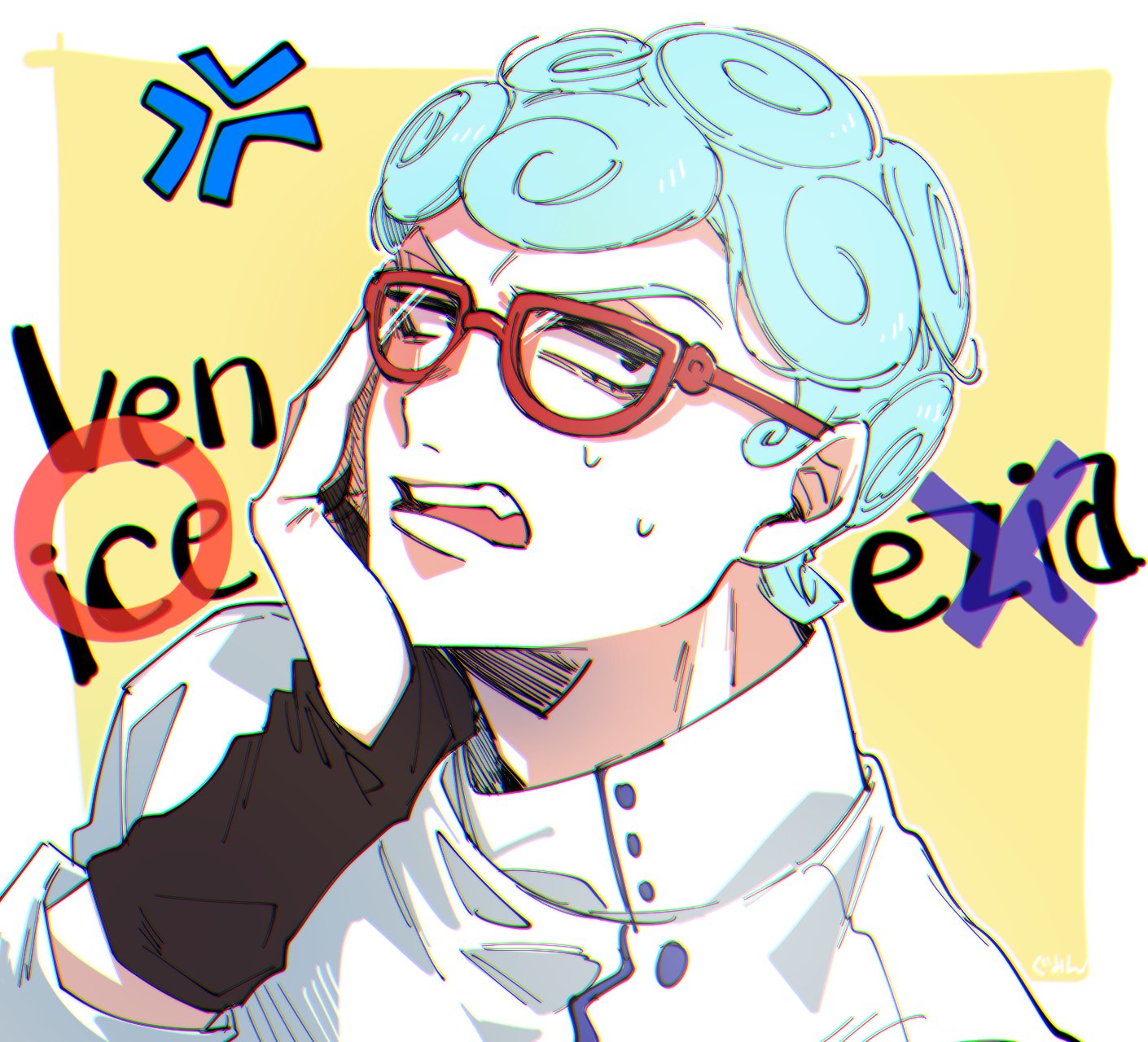 1boy, anger_vein, arm_up, blue_hair, border, collared_jacket, commentary_request, ghiaccio, glasses, gmn_all, hand_on_own_face, highres, jacket, jojo_no_kimyou_na_bouken, looking_to_the_side, male_focus, open_mouth, outside_border, popped_collar, red-framed_eyewear, sideways_glance, solo, sweat, teeth, tongue, upper_body, upper_teeth_only, vento_aureo, white_border, white_jacket