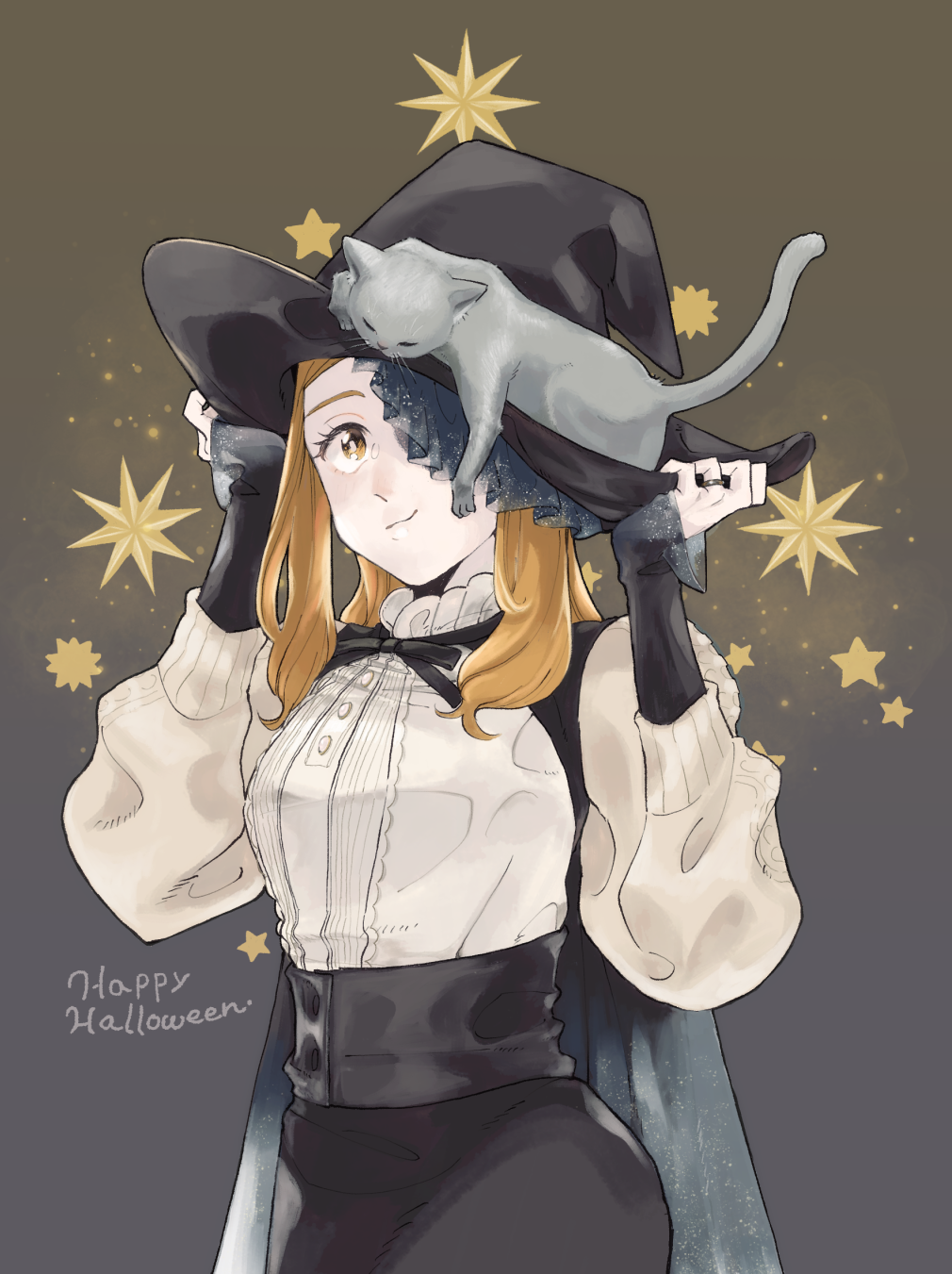 1girl, alternate_costume, animal_on_head, black_hat, black_ribbon, black_skirt, blonde_hair, cape