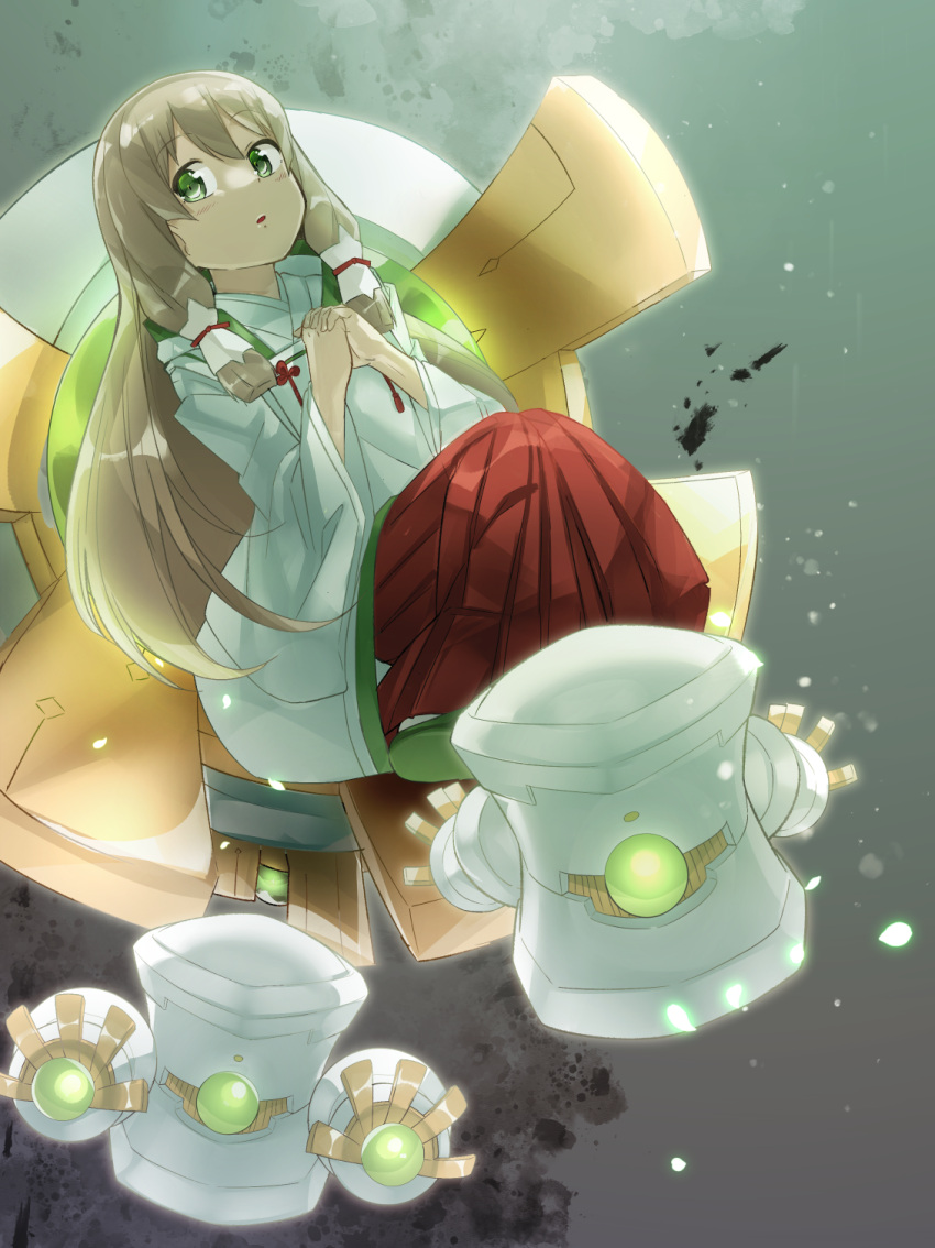 1girl, blonde_hair, floating, green_eyes, hakama, hakama_skirt, highres, japanese_clothes