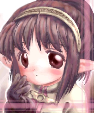 1girl, 2000s_(style), acolyte_(ragnarok_online), badbullet, black_gloves, blush, brown_capelet, brown_eyes, brown_hair, capelet, closed_mouth, gloves, looking_at_viewer, lowres, pointy_ears, portrait, ragnarok_online, short_hair, smile, solo