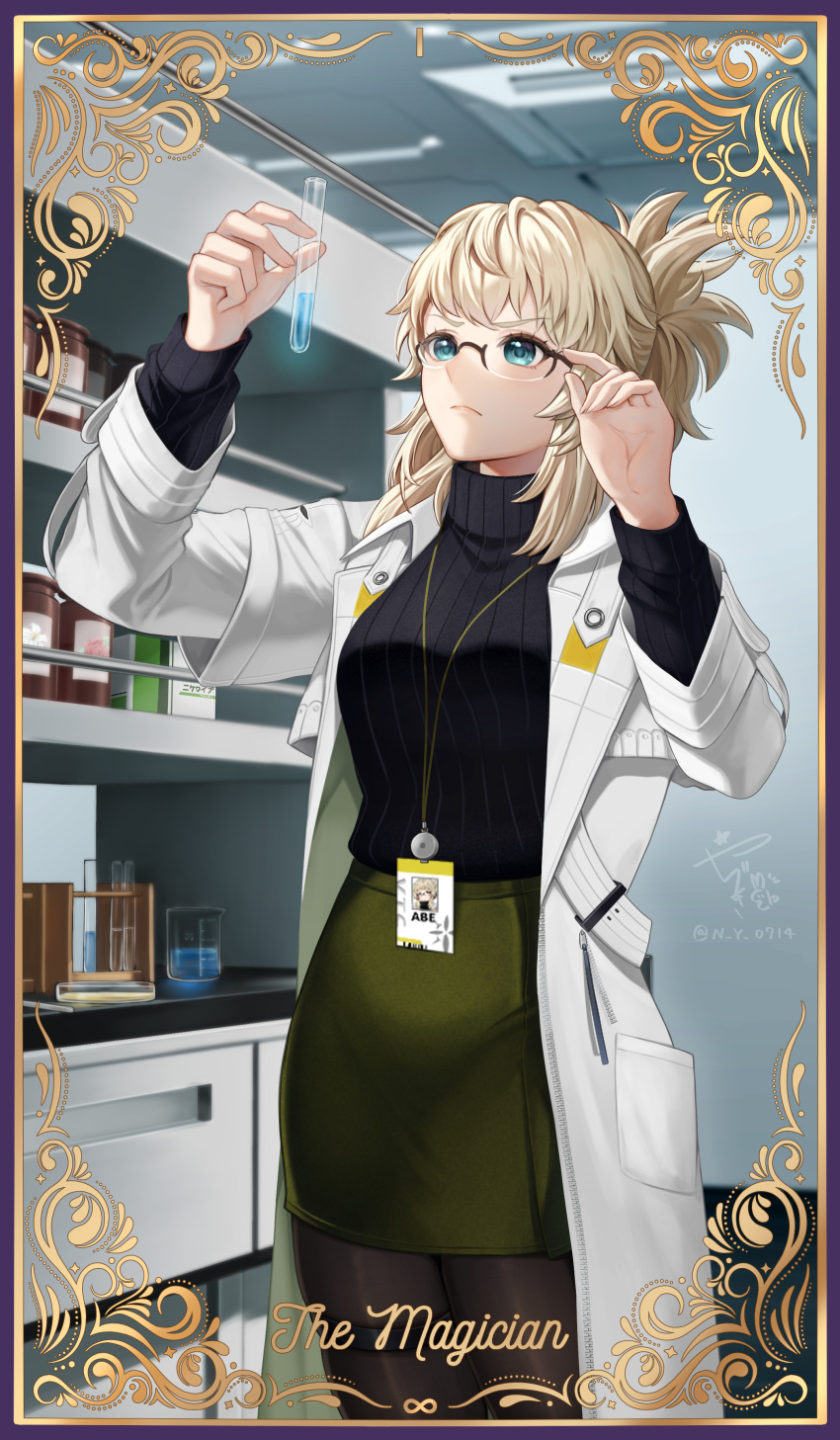 1girl, abe_(nikke), absurdres, beaker, black_sweater, blonde_hair, border, card_(medium)