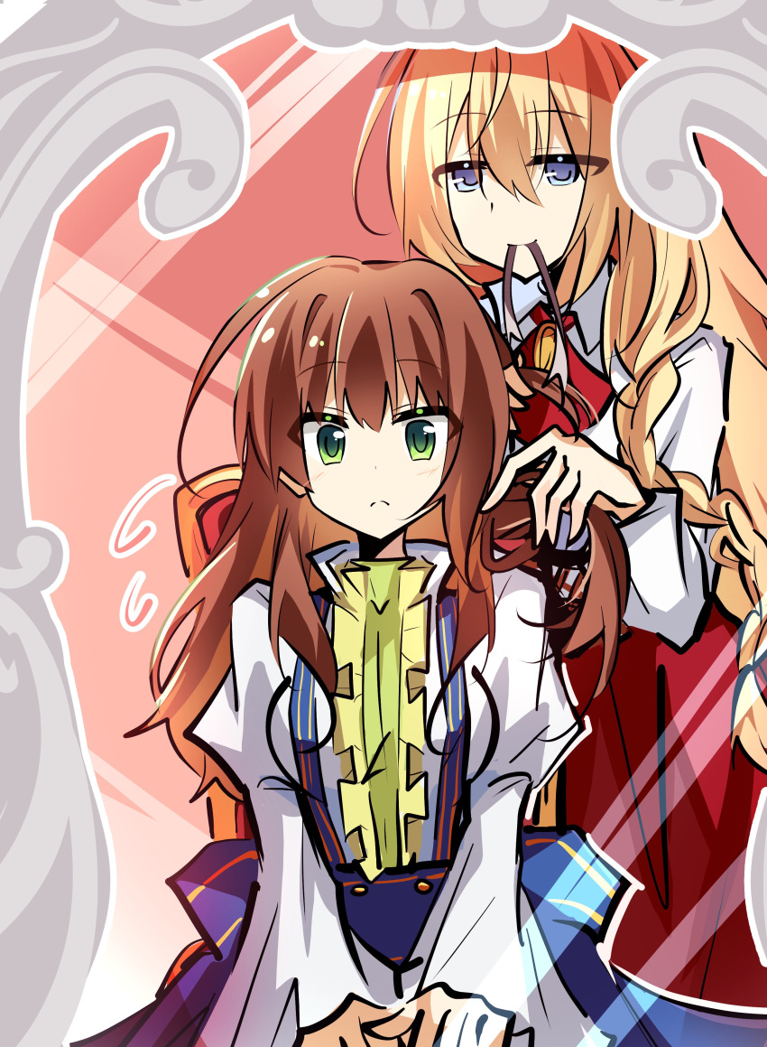 25ocoveryui, 2girls, absurdres, adjusting_another's_hair, ahoge, alternate_costume, alternate_hairstyle, arianrhod_(eiyuu_densetsu)