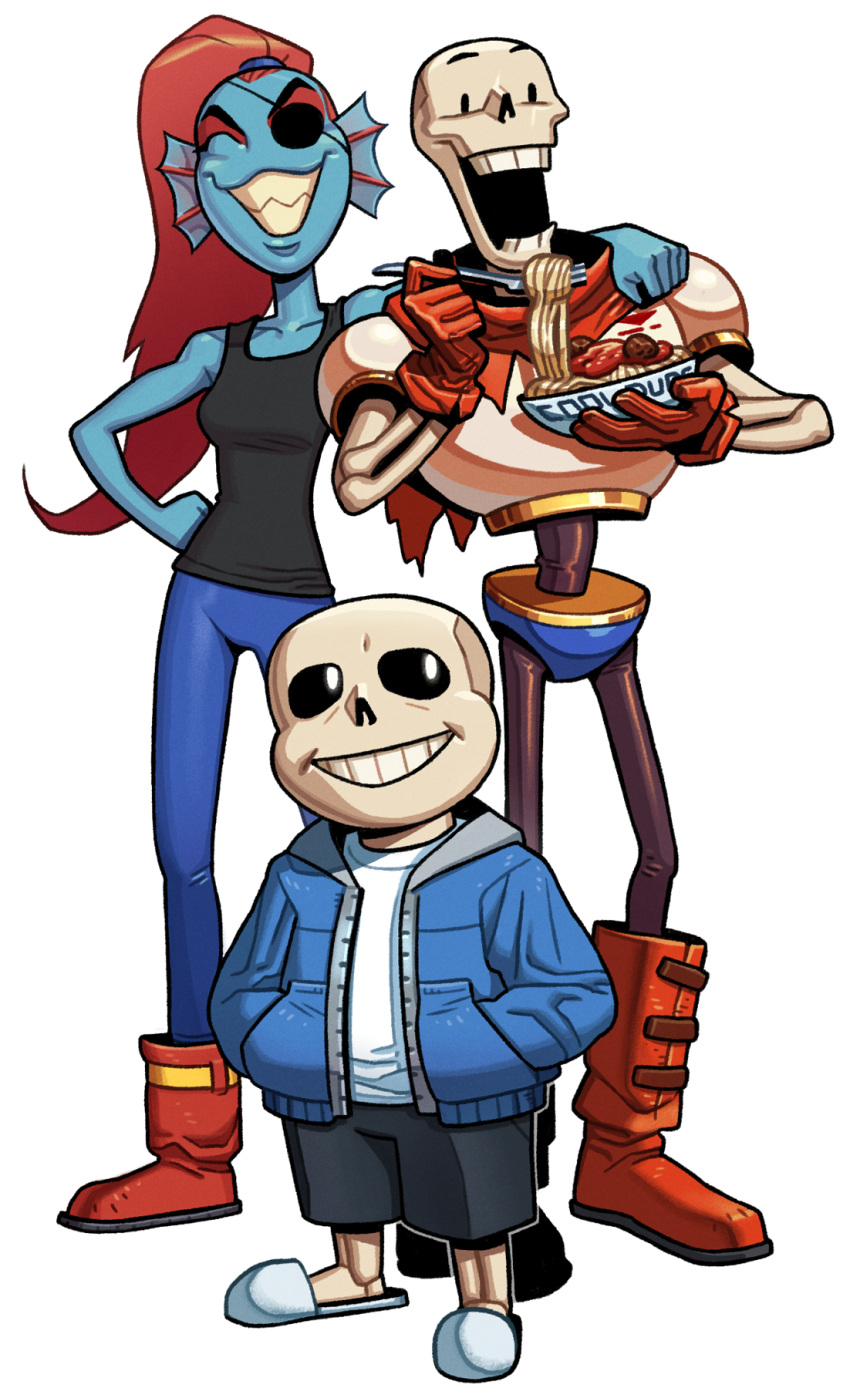 1girl, 2boys, 2d, anthro, armor, artist_name, black_eyepatch, black_shorts, blue_jacket, blue_shorts, blue_skin, boots, bowl, brothers, cameron_sewell, cape, colored_sclera, digital_media, ear_fins, eyepatch, female, fins, fish, fish_girl, food, fork, full_body, gloves, grey_hood, head_fins, height_difference, high_ponytail, holding, holding_bowl, holding_fork, hood, hood_down, hooded_jacket, humanoid, jacket, long_hair, male, monster, monster_boy, monster_girl, multiple_boys, open_clothes, open_jacket, papyrus_(undertale), pasta, ponytail, red_boots, red_cape, red_gloves, red_hair, sans_(undertale), sharp_teeth, shirt, shorts, siblings, skeleton, slippers, slit_pupils, spaghetti, standing, striped_shorts, teeth, trio, undead, undertale, undyne, white_armor, white_background, white_shirt, white_slippers, white_stripes, yellow_sclera, yellow_teeth
