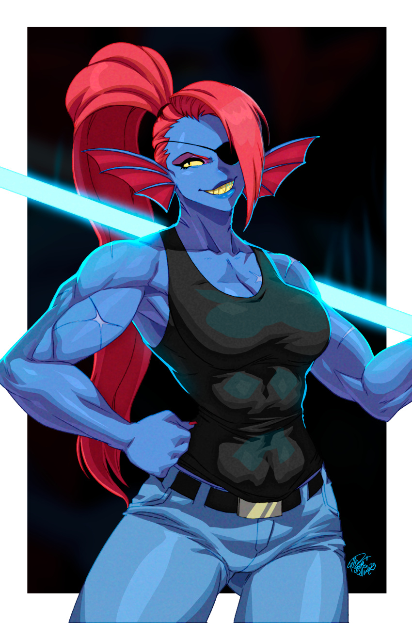 1girl, 2023, 2d, anthro, black_background, black_eyepatch, blue_pants, border, commission, cowboy_shot, digital_media, ear_fins, eyepatch, female, fins, fish, fish_girl, head_fins, high_ponytail, highres, holding, holding_polearm, holding_spear, holding_weapon, long_hair, monster, monster_girl, muscular, muscular_female, outside_border, pants, polearm, ponytail, red_hair, sharp_teeth, signature, slit_pupils, solo, spear, tovio_rogers, two-tone_background, undertale, undyne, utdr_(toby_fox), weapon, white_border