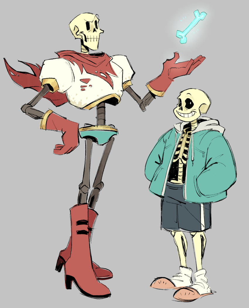 2022, 2boys, 2d, aqua_jacket, aqua_shorts, armor, black_shorts, bone, boots, brothers, caligmaera, cape, digital_media, duo, floating_object, full_body, gloves, grey_background, height_difference, high_heel_boots, highres, hood, hood_down, hooded_jacket, humanoid, jacket, male, male_focus, male_only, monster, monster_boy, multiple_boys, open_clothes, open_jacket, papyrus_(undertale), pink_slippers, red_boots, red_cape, red_gloves, ribs, sans_(undertale), shorts, siblings, simple_background, skeleton, slippers, socks, standing, striped_shorts, teeth, undead, undertale, white_armor, white_socks, white_stripes