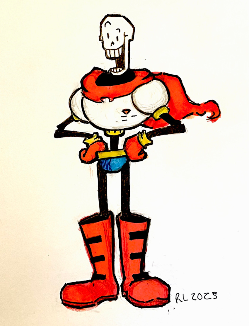 1boy, 2023, 2d, armor, artist_name, blue_shorts, boots, cape, full_body, gloves, hands_on_own_hip, humanoid, male, male_focus, male_only, marker_(medium), monster, monster_boy, papyrus_(undertale), red_boots, red_cape, red_gloves, roi-77, shorts, simple_background, skeleton, solo, standing, teeth, traditional_media, undead, undertale, white_armor