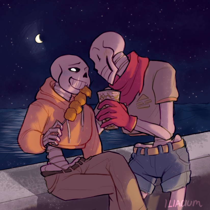 1:1, 2024, 2boys, 2d, alternate_costume, artist_name, belt, blue_shorts, brothers, crescent_moon, cup, digital_media, dinner, drawstring, drink, duo, food, gloves, holding, holding_cup, holding_drink, holding_food, hood, hood_down, hoodie, humanoid, iliacium, male, male_focus, male_only, monster, monster_boy, moon, multiple_boys, night, night_sky, orange_hood, orange_hoodie, outdoors, pants, papyrus_(undertale), red_gloves, red_scarf, sans_(undertale), scarf, shirt, shorts, siblings, skeleton, skewer, sky, starry_sky, teeth, undead, undertale, utdr_(toby_fox), water, white_shirt, yellow_belt, yellow_pants