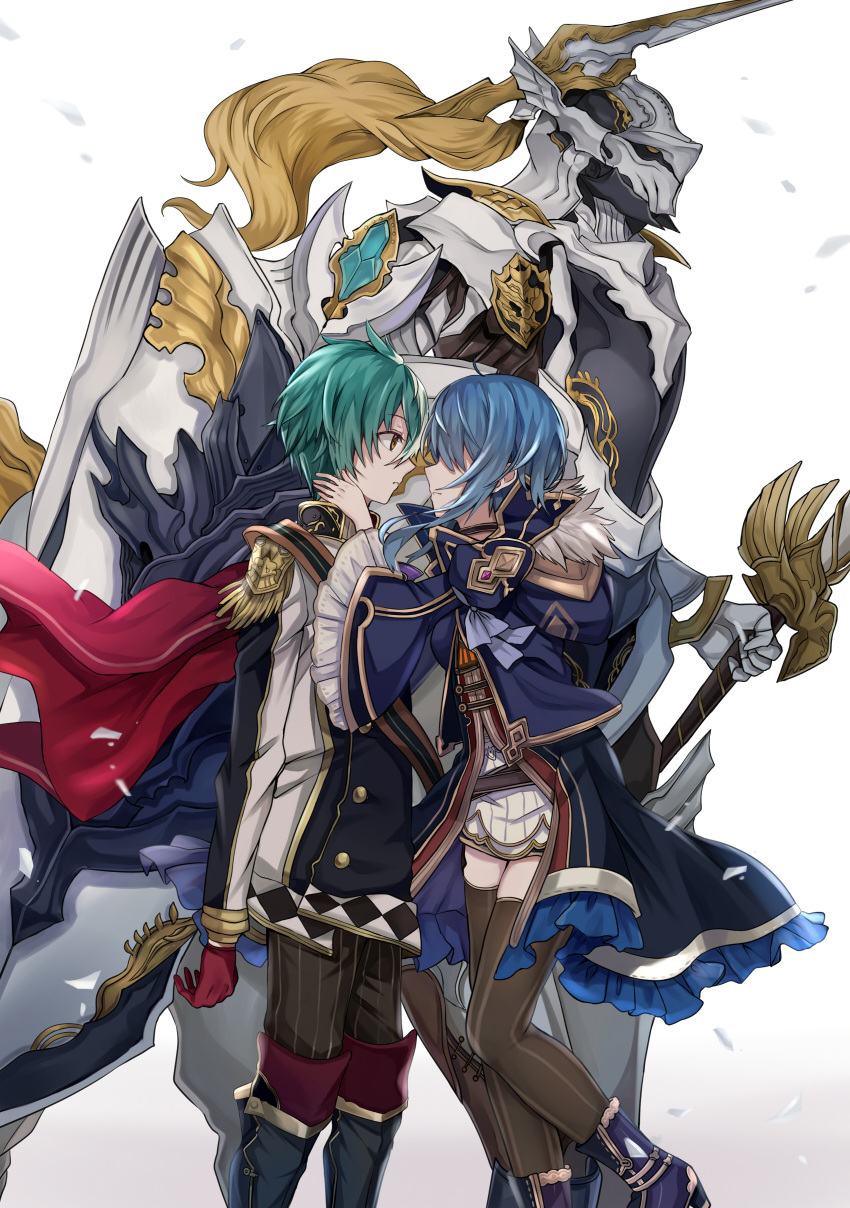 1girl, 2boys, absurdres, aqua_hair, black_boots, black_jacket, blue_hair, blue_jacket