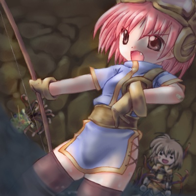 2000s_(style), 2girls, archer_(ragnarok_online), badbullet, blue_dress, blush, bow_(weapon), breasts