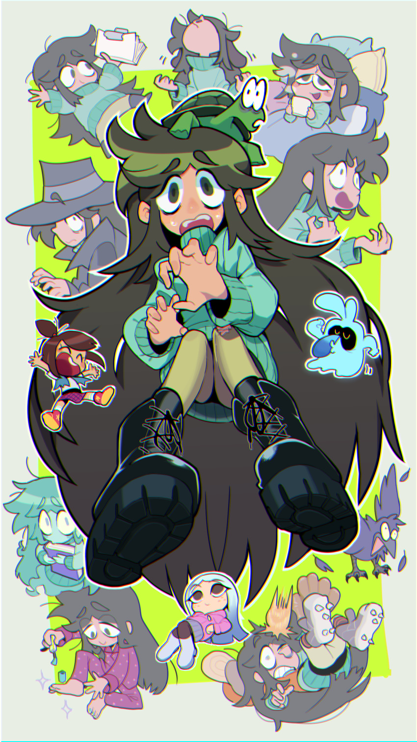 1boy, 3girls, absurdres, andrea_davenport, blue_hair, blush, brown_eyes, brown_hair