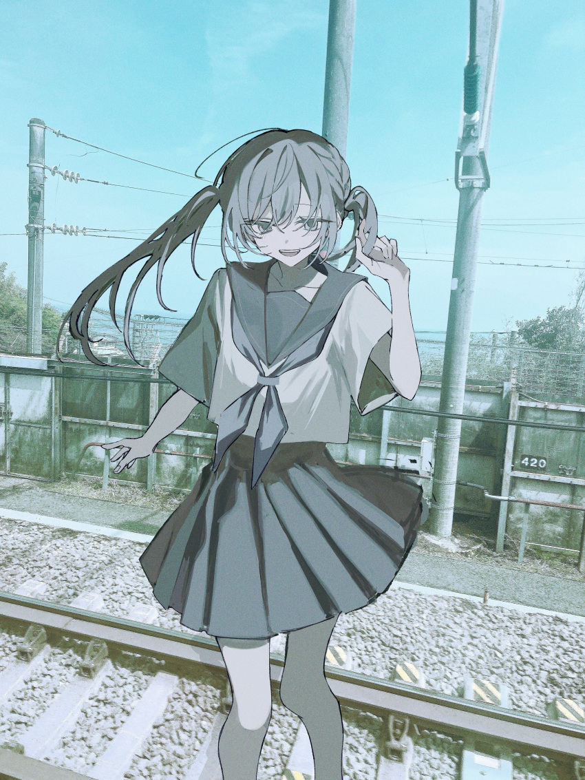 1girl, absurdres, blue_skirt, cowboy_shot, grey_eyes, grey_hair, highres, looking_at_viewer, open_mouth, original, pleated_skirt, scenery, school_uniform, serafuku, si_(wooupp), skirt, smile, solo, teeth, twintails, upper_teeth_only, white_serafuku