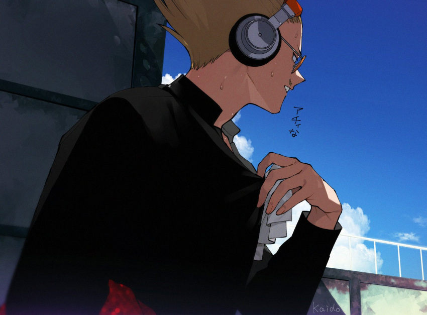 1boy, black_shirt, blonde_hair, boku_no_hero_academia, clenched_teeth, facial_hair, headphones, hot, kaido_(kaido_ggg), long_sleeves, male_focus, mustache, orange-tinted_eyewear, outdoors, present_mic, railing, shirt, short_hair, signature, solo, summer, sunglasses, sweat, teeth, tinted_eyewear, upper_body