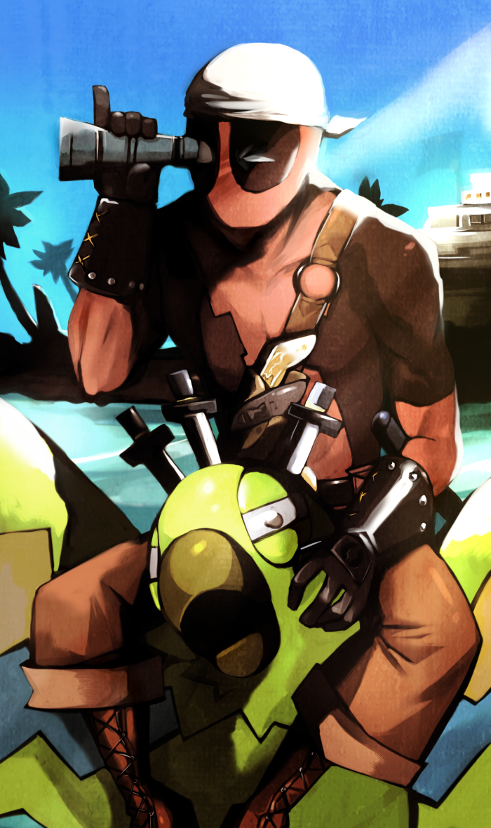 bob_(marvel), bob_agent_of_hydra, deadpool, head_scarf, kei_(ritoru2468), knife, marvel, palm_tree, parrot, telescope, tree