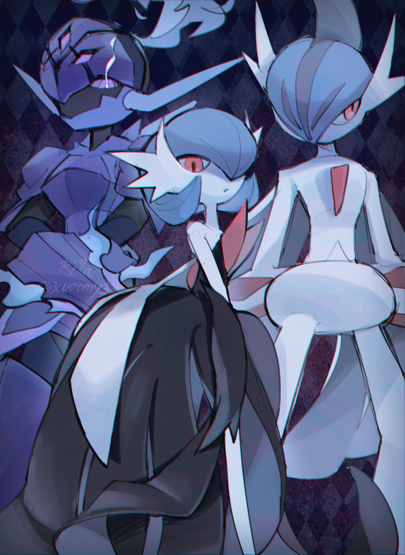3woomy3, alternate_color, artist_name, black_dress, black_gloves, blue_hair, bob_cut, cape