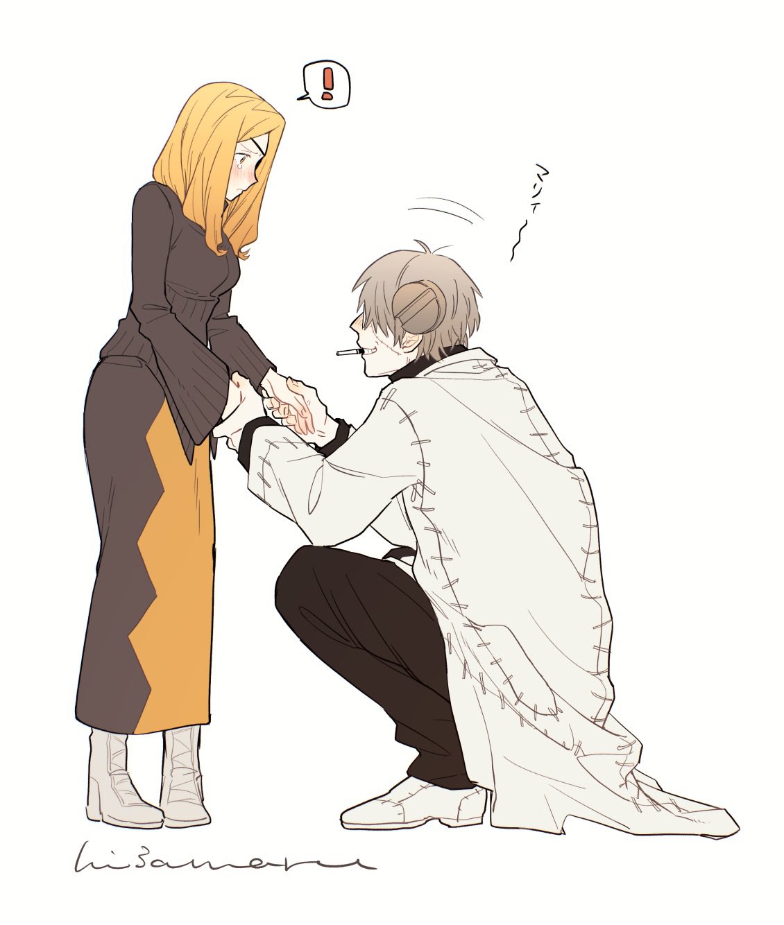 !, 1boy, 1girl, ankle_boots, black_pants, black_shirt, black_skirt, blonde_hair