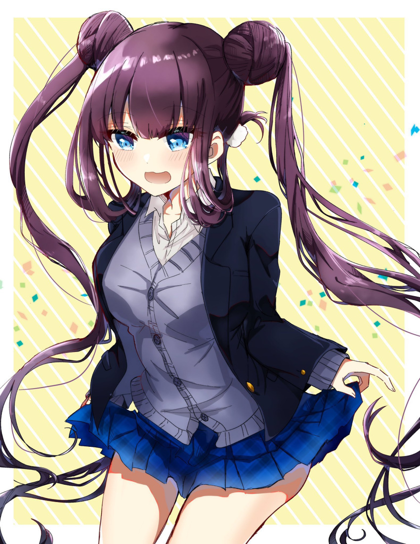 1girl, alternate_costume, black_jacket, blue_eyes, blue_skirt, cardigan, collared_shirt, double_bun