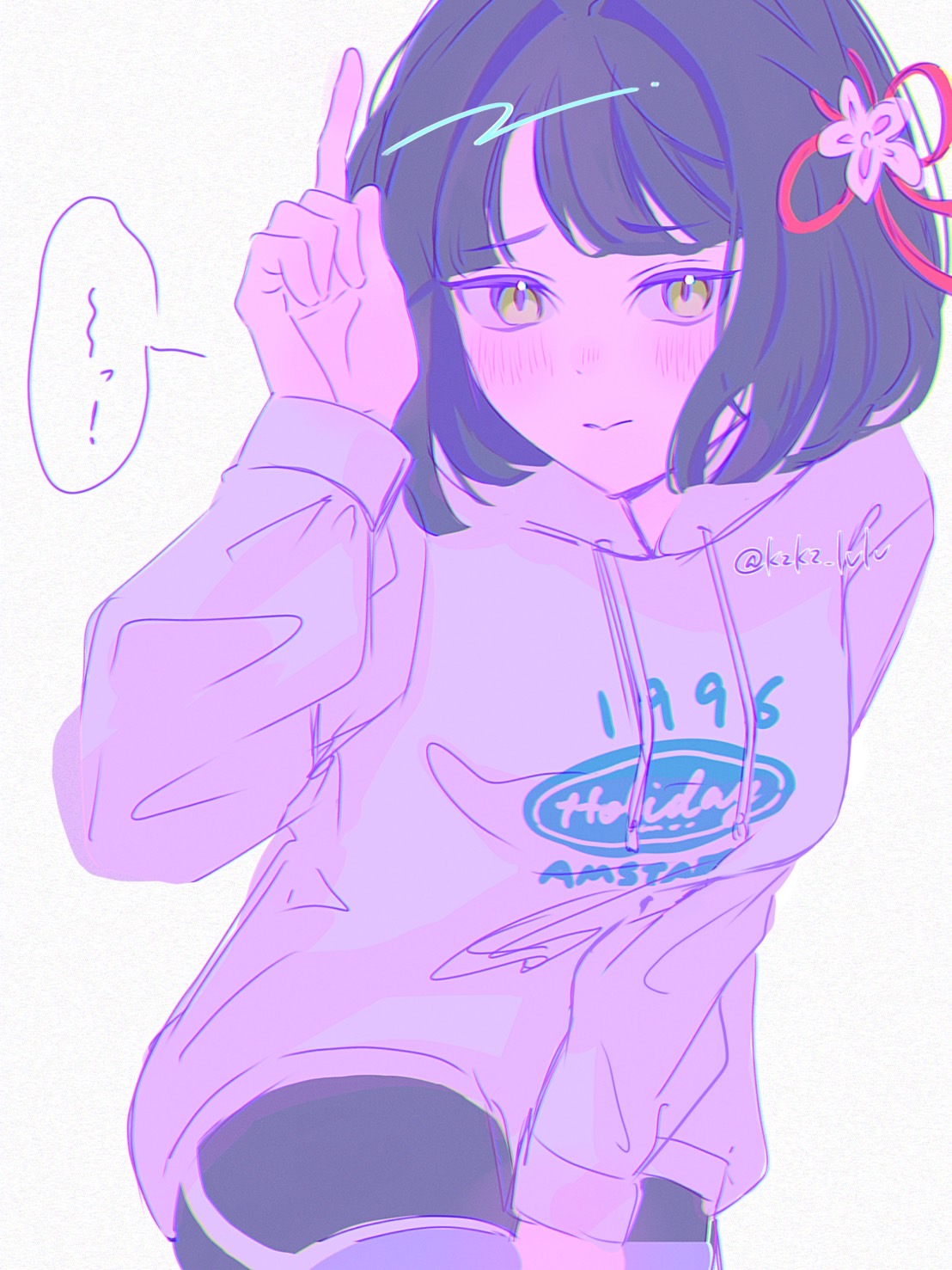 1girl, black_hair, black_shorts, blunt_bangs, blunt_ends, bob_cut, breasts, clothes_writing