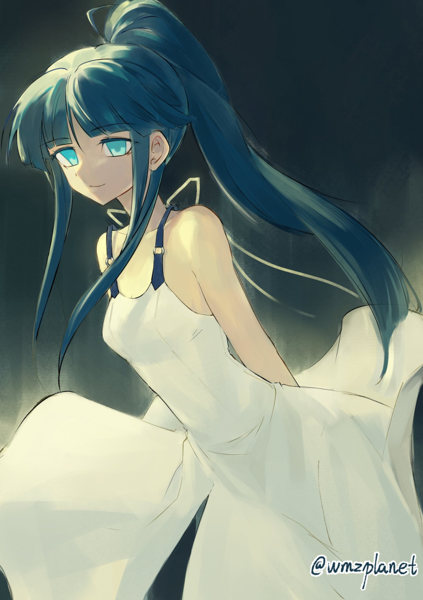 1girl, aqua_eyes, arms_behind_back, back_ribbon, backless_dress, backless_outfit, blue_hair, blunt_bangs, breasts, dress, empty_eyes, floating_clothes, highres, leaning_forward, light_smile, long_hair, minato_hikaru, pandemonic_planet_(wmzplanet), ponytail, ribbon, sidelocks, simple_background, sleeveless, sleeveless_dress, small_breasts, soukou_akki_muramasa, very_long_hair, white_dress, white_ribbon