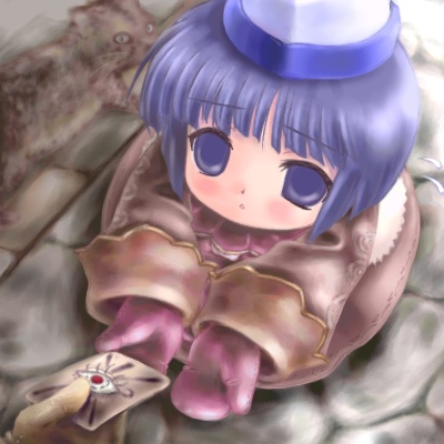 1girl, 2000s_(style), badbullet, blue_eyes, blue_hair, blue_hat, blush, brown_jacket