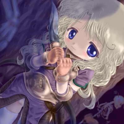 1girl, 2000s_(style), archer_(ragnarok_online), armored_skirt, badbullet, blonde_hair, blue_eyes, brown_gloves