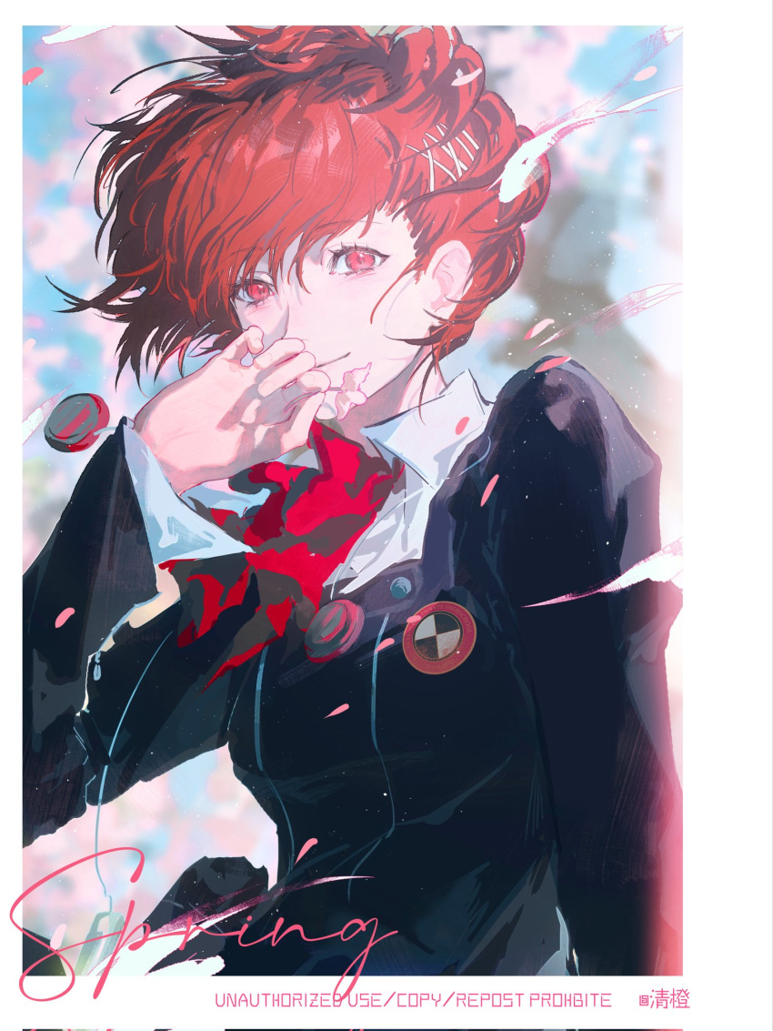 1girl, black_jacket, breasts, closed_mouth, english_text, hair_ornament, hand_up, highres