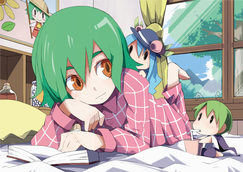 antennae, barefoot, bed, blue_hair, book, brown_eyes, chibi, cup