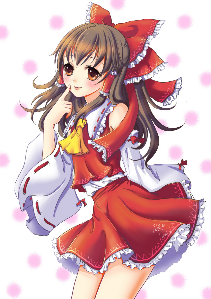 ascot, ayase1124, bow, brown_eyes, brown_hair, detached_sleeves, finger_to_mouth, hair_bow