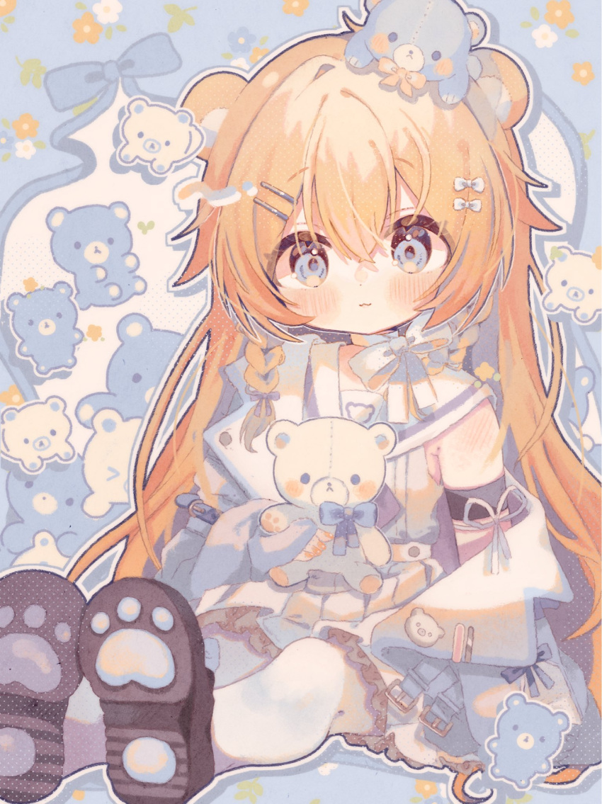 1girl, :3, bare_shoulders, blonde_hair, blue_eyes, blush, brown_shoes, closed_mouth