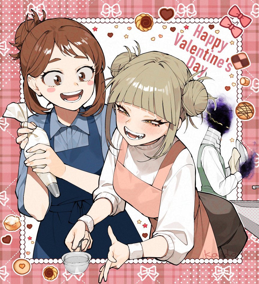 1boy, 2girls, apron, blue_apron, blunt_bangs, blush_stickers, boku_no_hero_academia, border