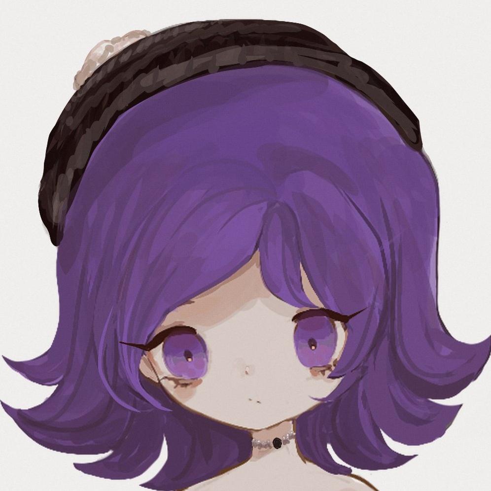 1girl, animification, beanie, black_hat, flipped_hair, hair_between_eyes, hat, humanization, lacepillow, looking_at_viewer, murder_drones, purple_hair, short_sleeves, simple_background, solo, uzi_(murder_drones), violet_eyes