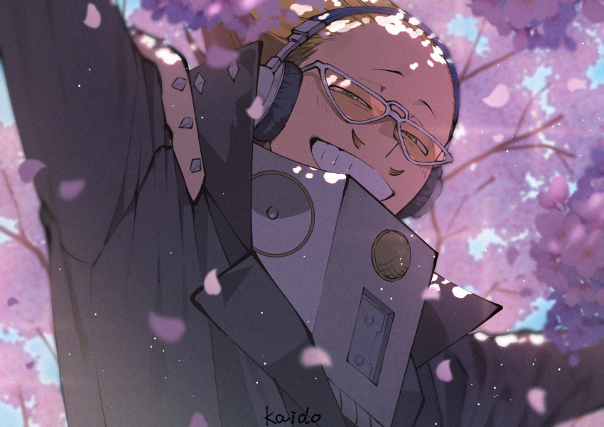 1boy, arm_up, black_jacket, blonde_hair, boku_no_hero_academia, cherry_blossoms, facial_hair, grin