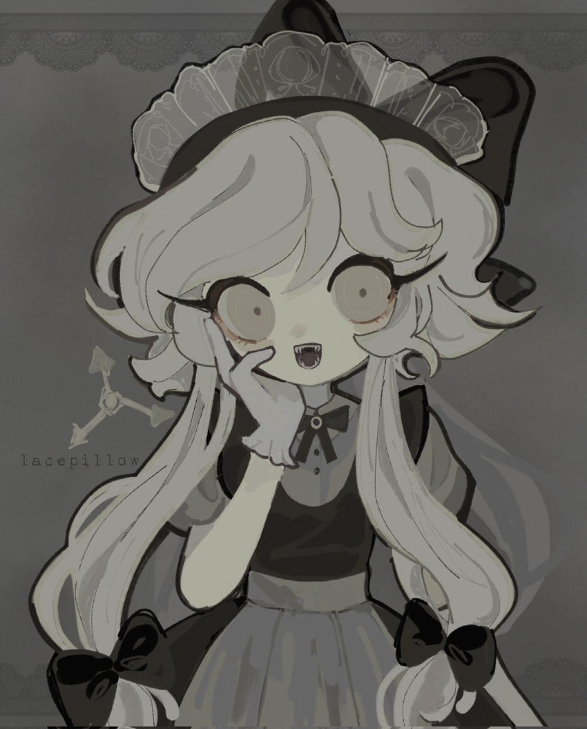 1girl, absolute_solver_(murder_drones), apron, arm_at_side, artist_name, black_bow, black_bowtie, black_dress, black_hat, bow, bowtie, buttons, collared_shirt, commentary, cyn_(murder_drones), dress, english_commentary, gloves, grey_apron, grey_background, grey_shirt, hair_between_eyes, hair_bow, hand_on_own_cheek, hand_on_own_face, hand_up, hat, hat_bow, headdress, highres, lacepillow, letterboxed, long_hair, looking_at_viewer, low-tied_sidelocks, maid, maid_apron, murder_drones, no_eyebrows, outside_border, pale_skin, puffy_short_sleeves, puffy_sleeves, shirt, short_sleeves, sidelocks, sideways_glance, simple_background, sleeveless, sleeveless_dress, solo, upper_body, waist_apron, white_gloves, white_hair, yellow_eyes
