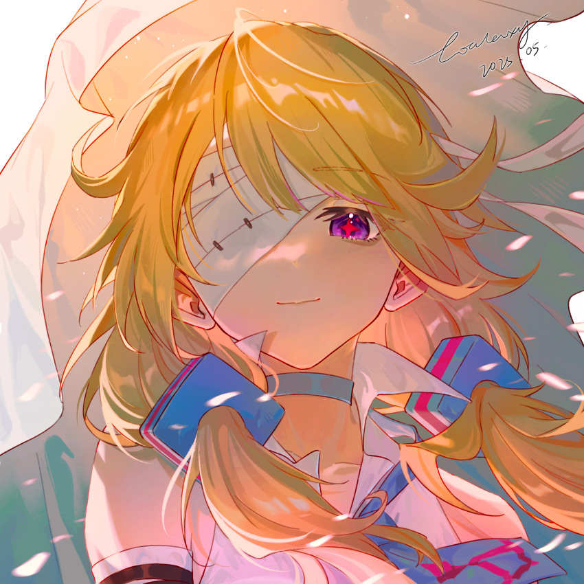 +_+, 1girl, bandage_over_one_eye, bandages, bare_shoulders, blonde_hair, box_galaxy, guardian_tales