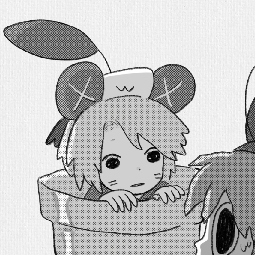 2boys, commentary_request, facial_mark, grey_background, greyscale, hat, highres, industrial_pipe