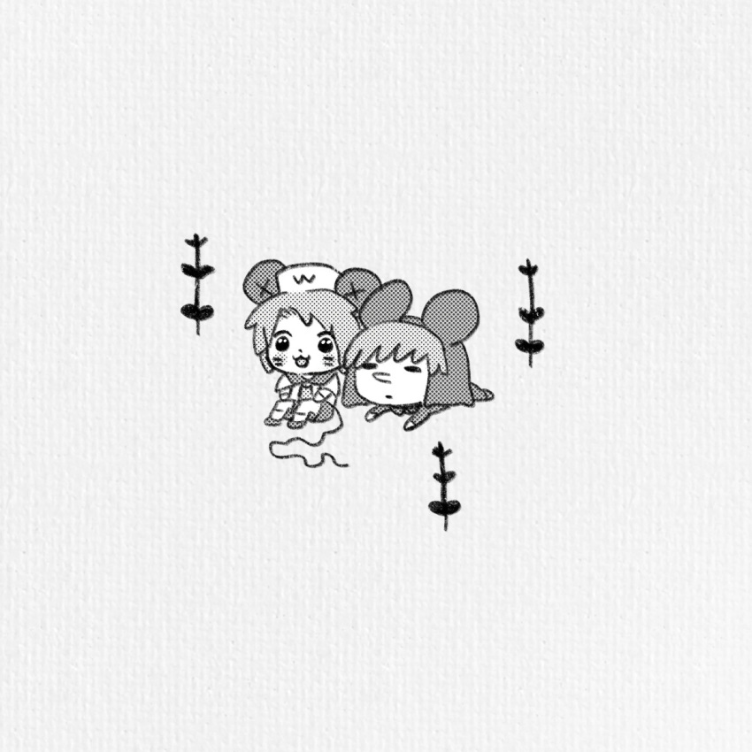 2boys, chibi, commentary_request, facial_mark, grey_background, greyscale, hat, highres