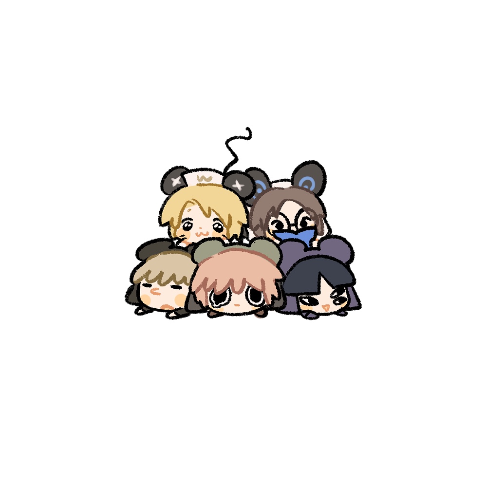 5boys, black_hair, blonde_hair, brown_hair, chibi, commentary_request, dogpile, glasses