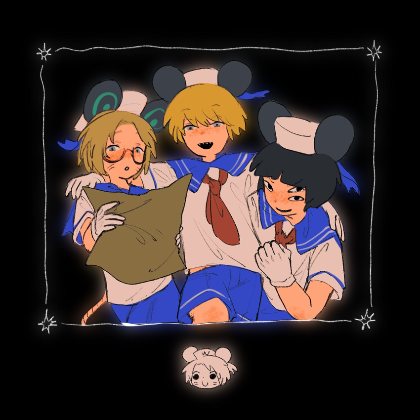 3boys, black_background, black_eyes, black_hair, blonde_hair, blue_eyes, blue_shorts, commentary_request