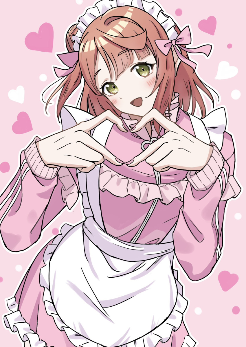 1girl, commentary_request, cowboy_shot, dress, four-finger_heart_hands, frilled_dress, frills, hair_bun